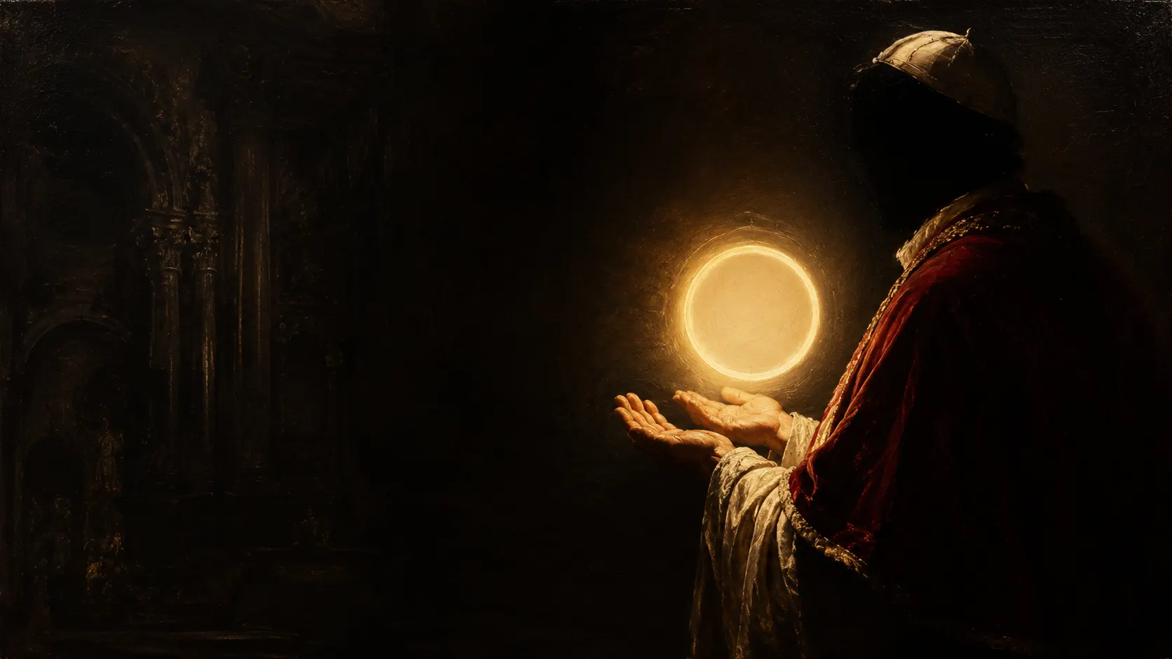 Caravaggio-style painting: a robed papal figure in shadow holds a glowing halo of light in cupped hands